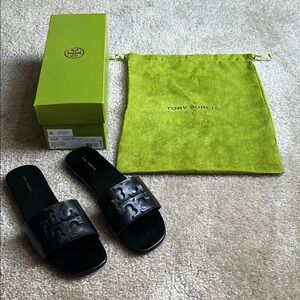 Tory Burch Black Ines Goat Leather Slides with Logo